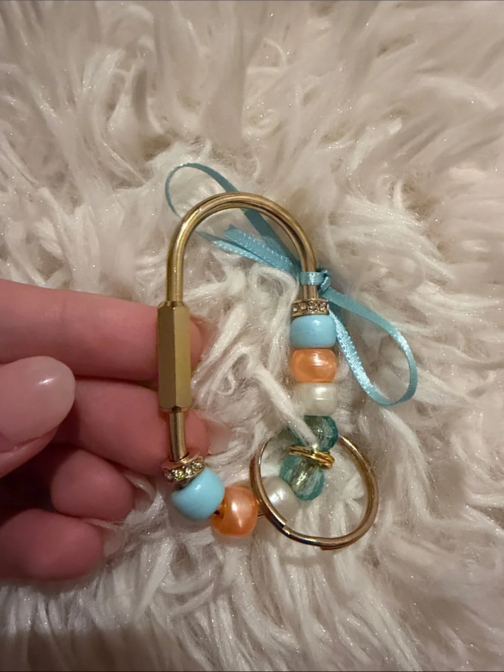 Gold Beaded Carabiner Clip with Blue and Orange Accents